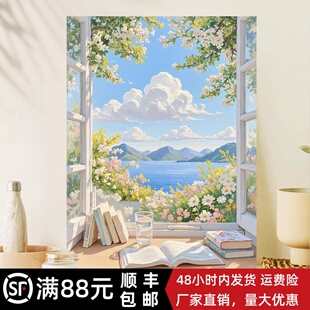 奶油风远山风景装饰画成品仿油画清新山水唯美喷印卧室客厅摆挂画
