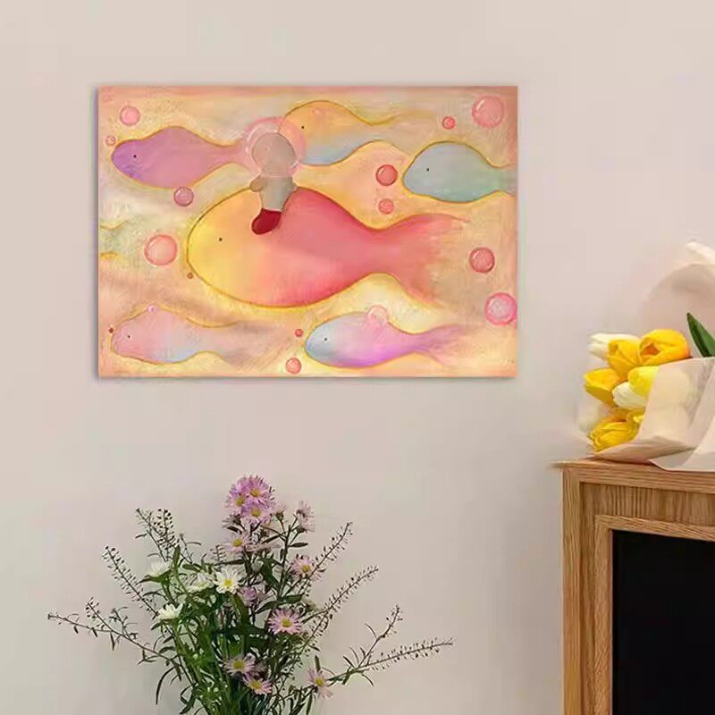 横版彩虹鱼多巴胺趣味装饰画仿油画可爱创意儿童房卧室客厅摆挂画