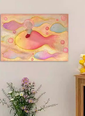 横版彩虹鱼多巴胺趣味装饰画仿油画可爱创意儿童房卧室客厅摆挂画