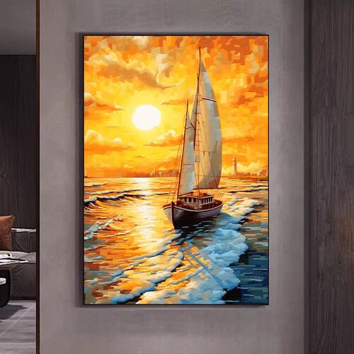 一帆风顺装饰画成品仿油画风景日出帆船唯美高级感卧室客厅摆挂画