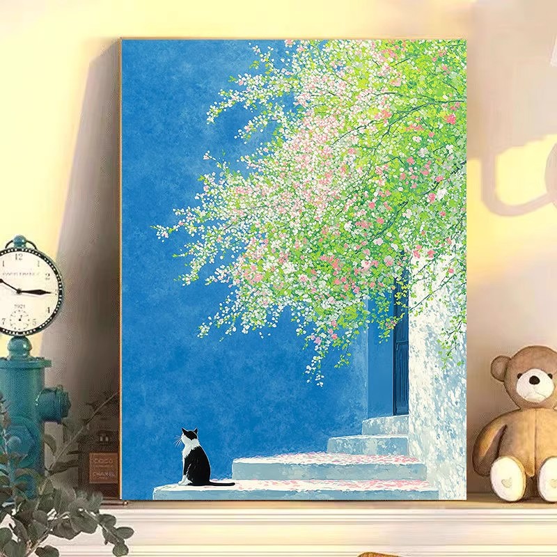 猫与春天成品装饰画仿油画风景小众高级感唯美治愈卧室客厅摆挂画图片