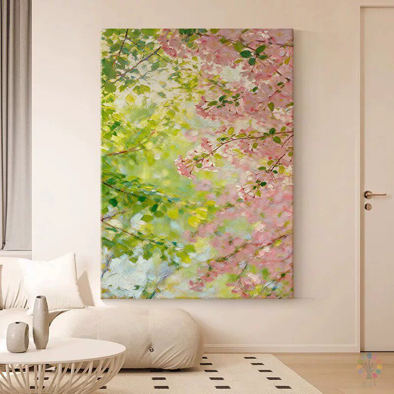 樱花绿叶装饰画成品仿油画风景唯美绿植清新高级感卧室客厅摆挂画