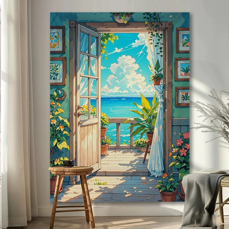 海边风景治愈系装饰画小清新仿油画卡通浪漫氛围感卧室客厅摆挂画