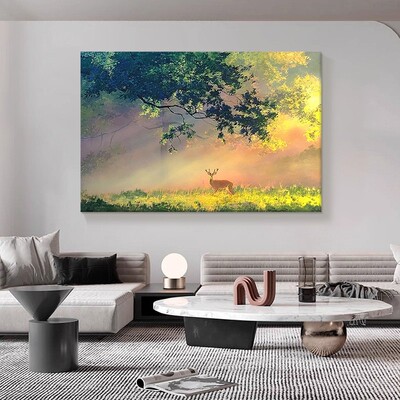 林深时见鹿装饰画客厅森林梅花鹿仿油画成品喷印玄关晨曦阳光挂画
