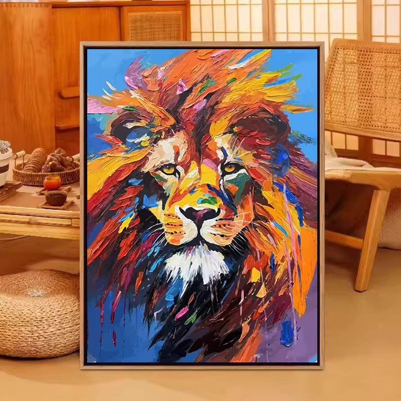 国潮雄狮子装饰画成品仿油画水彩风小众高级感动物卧室客厅摆挂画图片