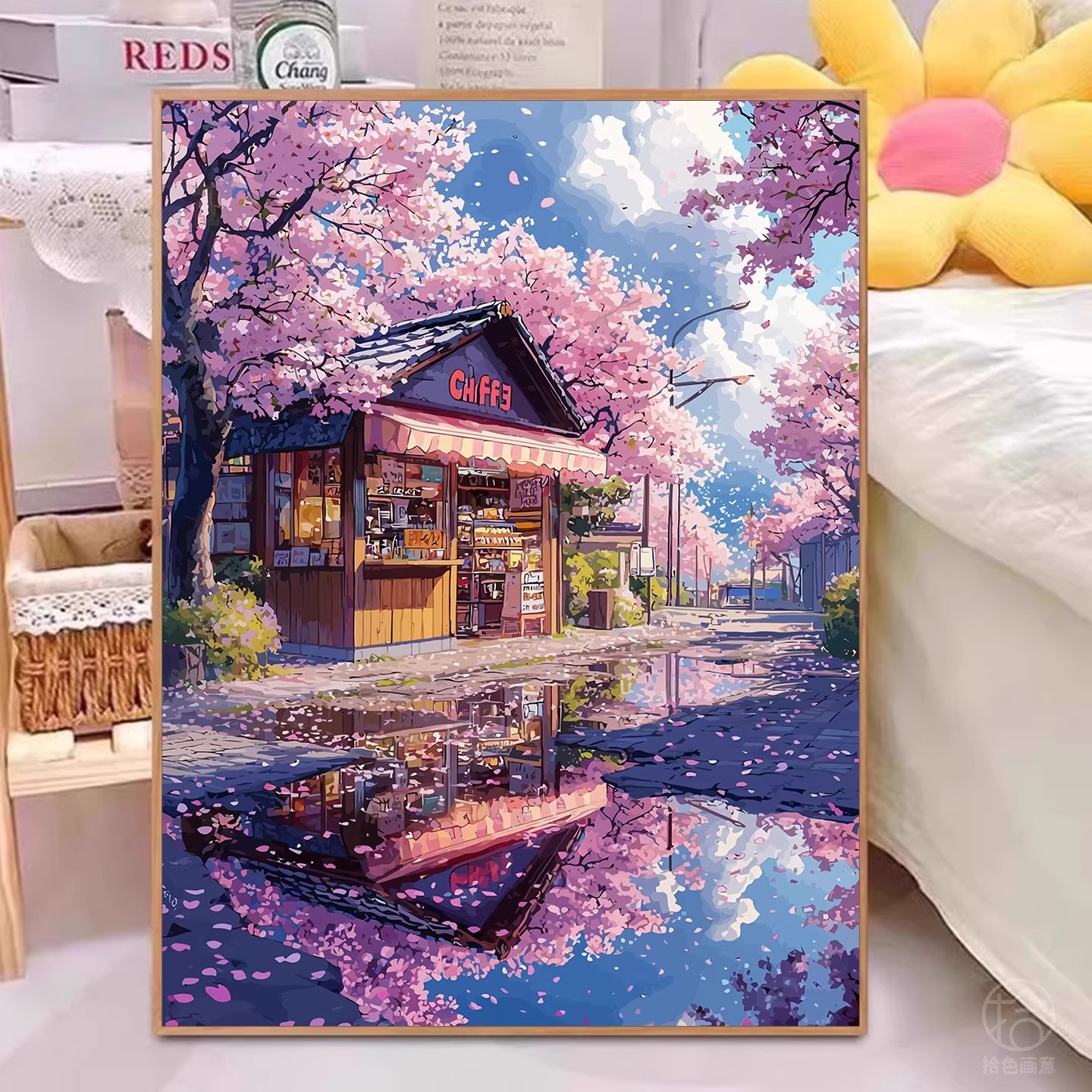 高颜值樱花小店日系装饰画成品仿油画风景唯美清新卧室客厅摆挂画图片