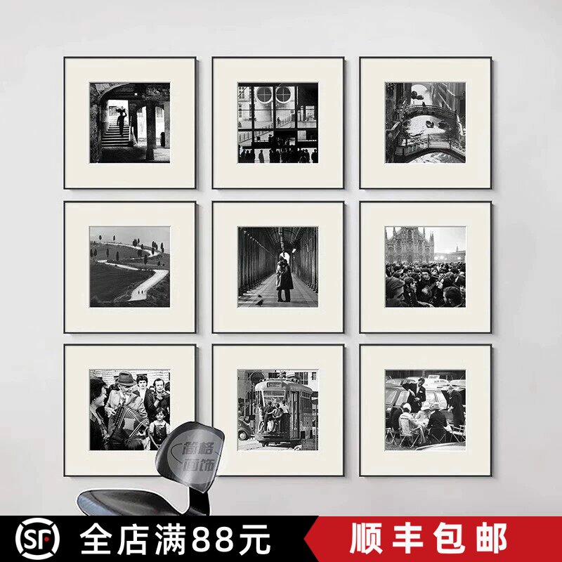 美式黑白方形装饰画高级感复古简约艺术老电影氛围卧室客厅摆挂画