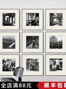 美式黑白方形装饰画高级感复古简约艺术老电影氛围卧室客厅摆挂画