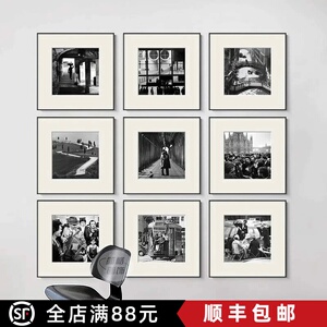 美式黑白方形装饰画高级感复古简约艺术老电影氛围卧室客厅摆挂画