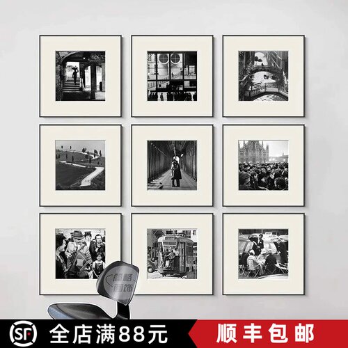 美式黑白方形装饰画高级感复古简约艺术老电影氛围卧室客厅摆挂画