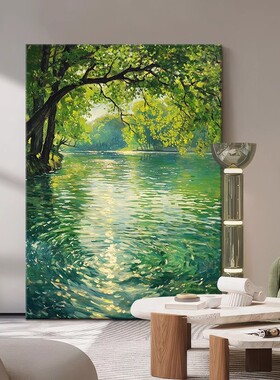 森林河流绿色系装饰画仿油画高级感唯美清新治愈系卧室客厅摆挂画