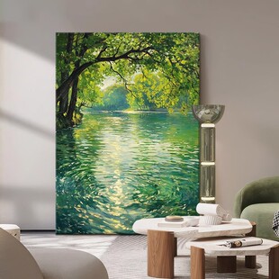 森林河流绿色系装饰画仿油画高级感唯美清新治愈系卧室客厅摆挂画