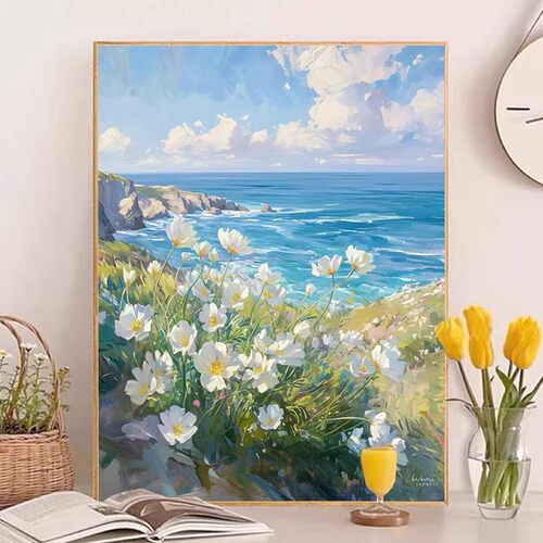 海边花卉装饰画仿油画风景唯美清新治愈高级感小众卧室客厅摆挂画
