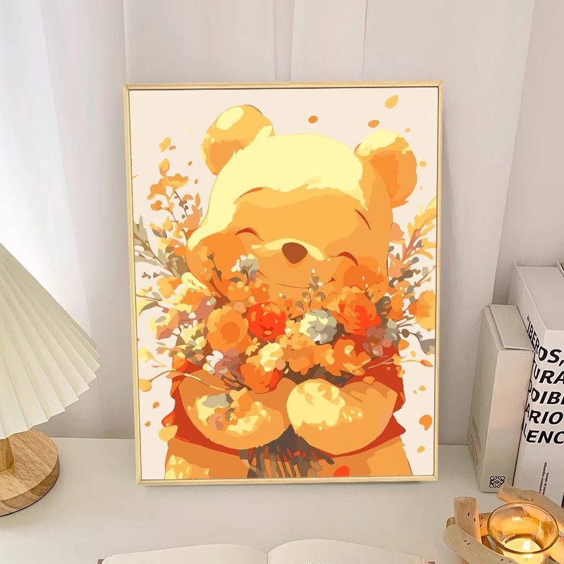小熊维尼装饰画可爱卡通唯美治愈温馨毛绒成品仿油画卧室客厅挂画图片