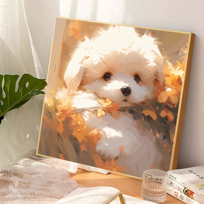 可爱比熊犬狗狗装饰画成品方形仿油画小狗治愈温馨卧室客厅摆挂画图片