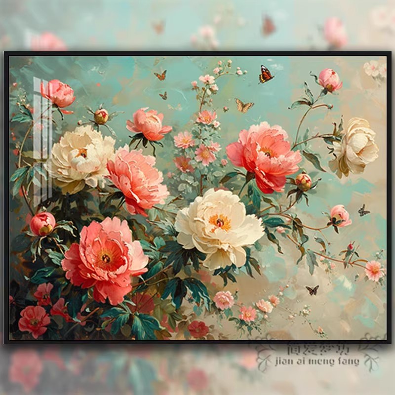 牡丹花卉装饰画成品仿油画风景简约高级感横版卧室餐厅客厅摆挂画图片