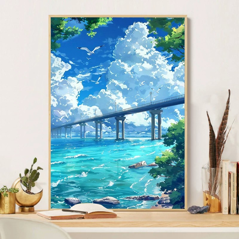 宫崎骏大海装饰画卡通仿油画风景唯美小清新治愈系卧室客厅摆挂画