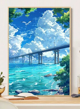 宫崎骏大海装饰画卡通仿油画风景唯美小清新治愈系卧室客厅摆挂画