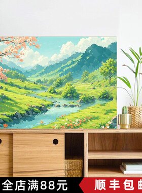 自然风景横版装饰画成品仿油画宫崎骏清新唯美治愈卧室客厅摆挂画