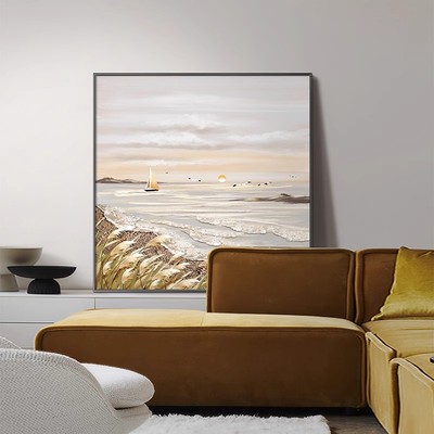 北欧海景方形装饰画仿油画风景唯美治愈高级感艺术卧室客厅摆挂画