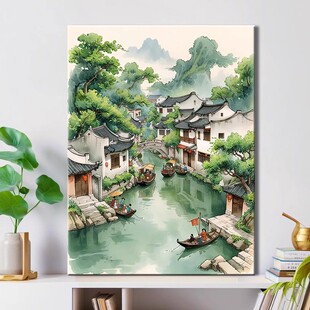 江南行舟卡通装 清新卧室客厅摆挂画 饰画成品仿油画风景建筑新中式