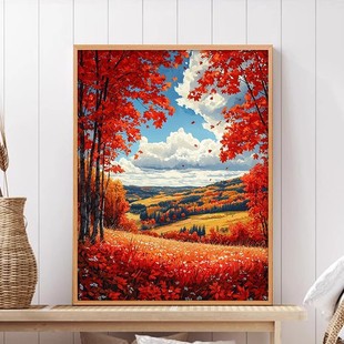 红叶飘零田园装饰画成品仿油画风景唯美治愈清新高级卧室客厅挂画