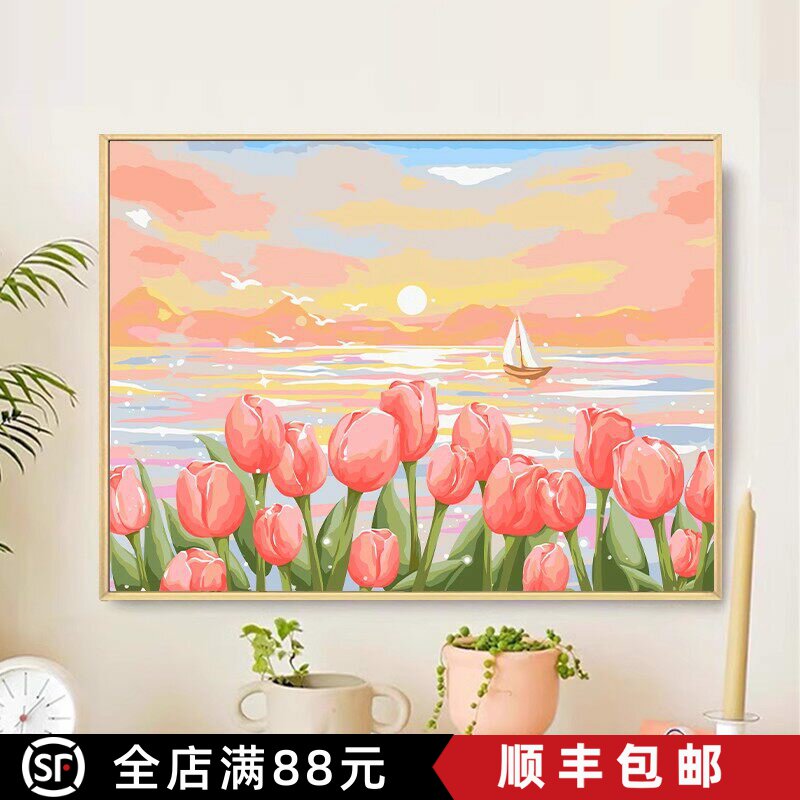 新款郁金香风景装饰画横版油画风成品风景花卉唯美卧室客厅摆挂画
