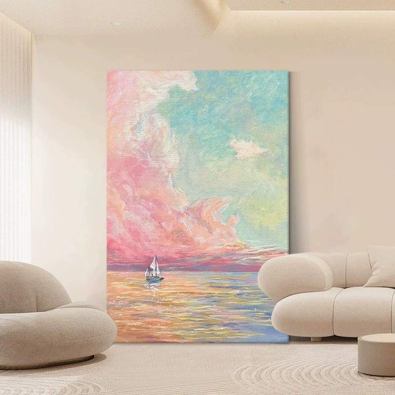 粉色多巴胺大海帆船装饰画仿油画风景唯美高级氛围卧室客厅摆挂画