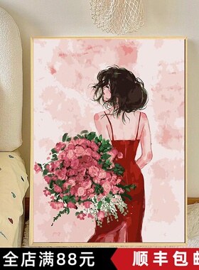 高级感装饰画捧花少女客厅卧室背景成品油画风喷印小众玫瑰挂摆画