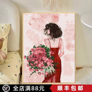 高级感装饰画捧花少女客厅卧室背景成品油画风喷印小众玫瑰挂摆画