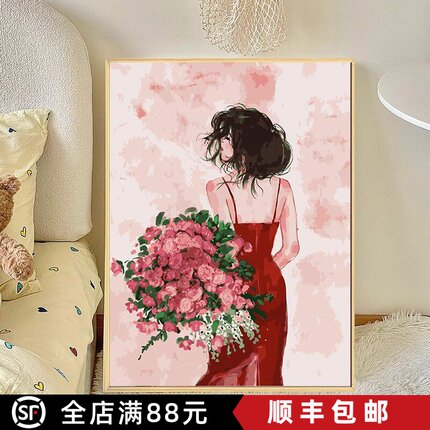 高级感装饰画捧花少女客厅卧室背景成品油画风喷印小众玫瑰挂摆画
