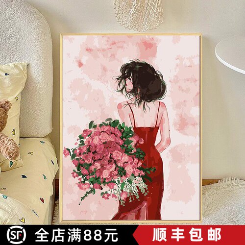 高级感装饰画捧花少女客厅卧室背景成品油画风喷印小众玫瑰挂摆画