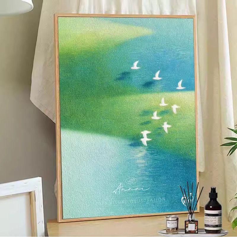 现代简约飞鸟装饰画仿油画风景成品清新唯美治愈系卧室客厅摆挂画