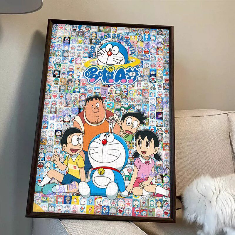哆啦A梦全家福装饰画成品喷印高清卡通动漫治愈系儿童卧室摆挂画