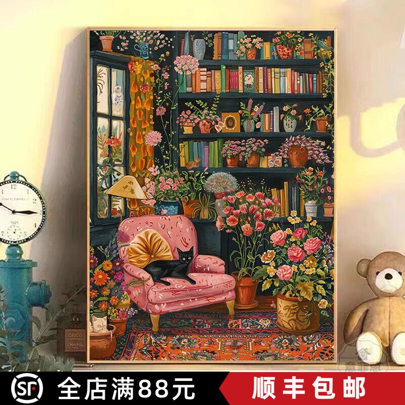 马蒂斯客厅装饰画仿油画涂鸦猫咪抽象成品喷印美式风格卧室挂摆画