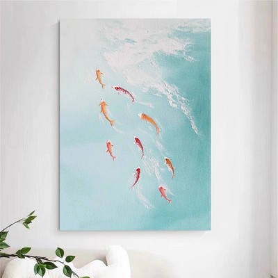 仿油画九鱼聚财入户玄关装饰画寓意美好画客厅挂画抽象楼梯间壁画
