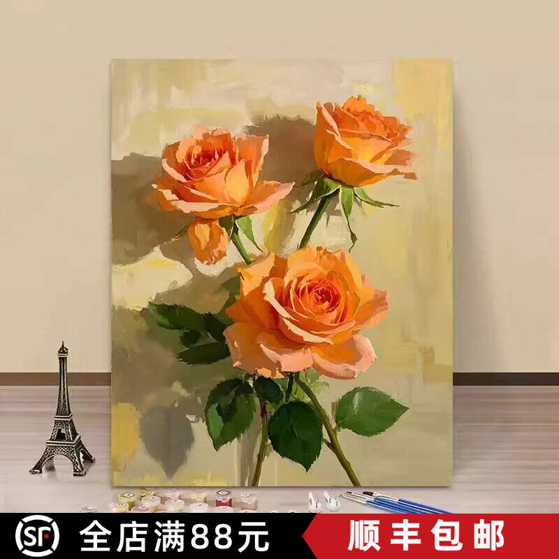 玫瑰花卉装饰画成品仿油画风景小众设计高级感简约卧室客厅摆挂画