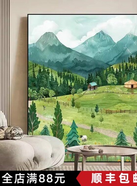 远山草原森林装饰画绿色仿油画风景绿色唯美高级感卧室客厅摆挂画