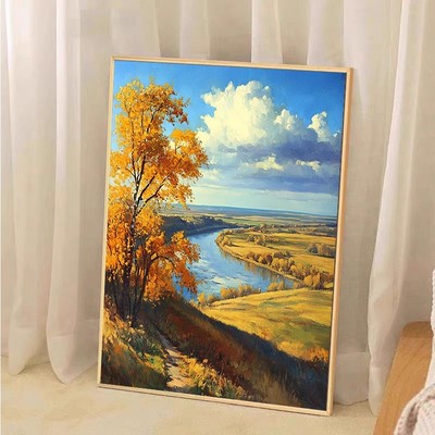 湖边秋色风景装饰画唯美治愈黄叶成品喷印仿油画风客厅卧室挂摆画