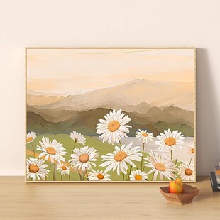 现代简约花卉装 卧室客厅摆挂画 饰画北欧风仿油画风景雏菊清新横版