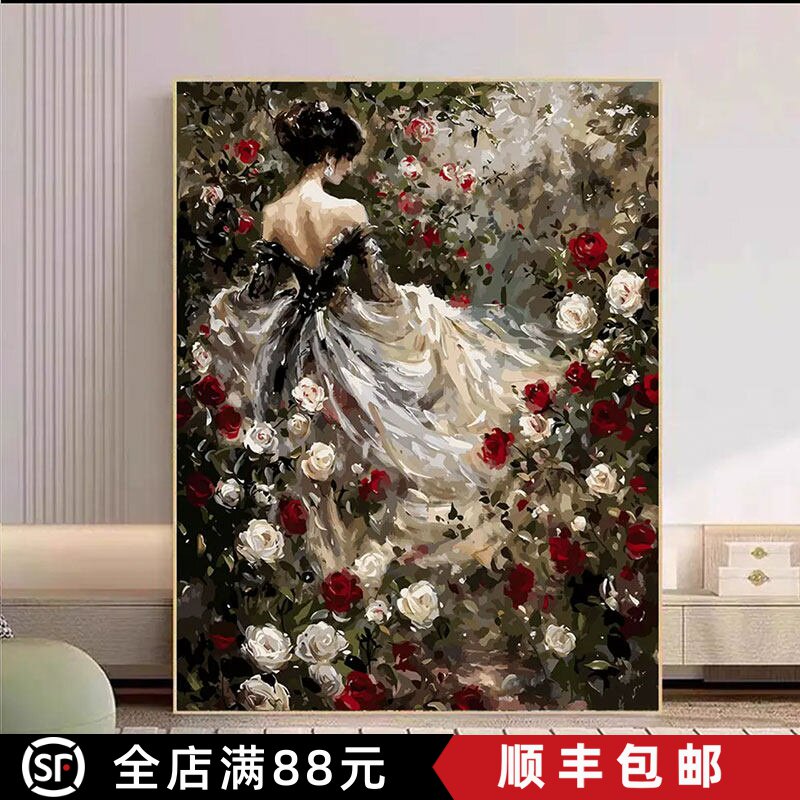 夜玫瑰之约人物花卉装饰画欧式复古仿油画高清喷印高级小众挂摆画