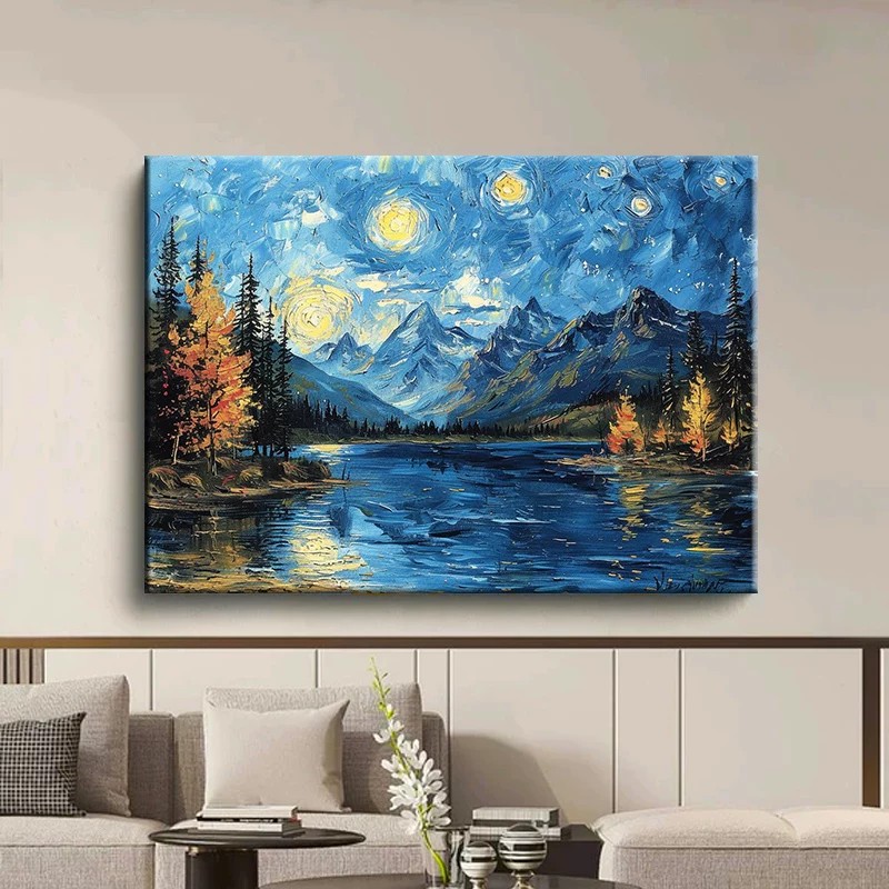 梵高星空创意小众装饰画仿油画风景唯美横版高级感卧室客厅摆挂画