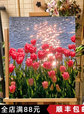 郁金香装饰画油画风成品喷印花朵治愈餐厅卧室书房清新高级挂摆画