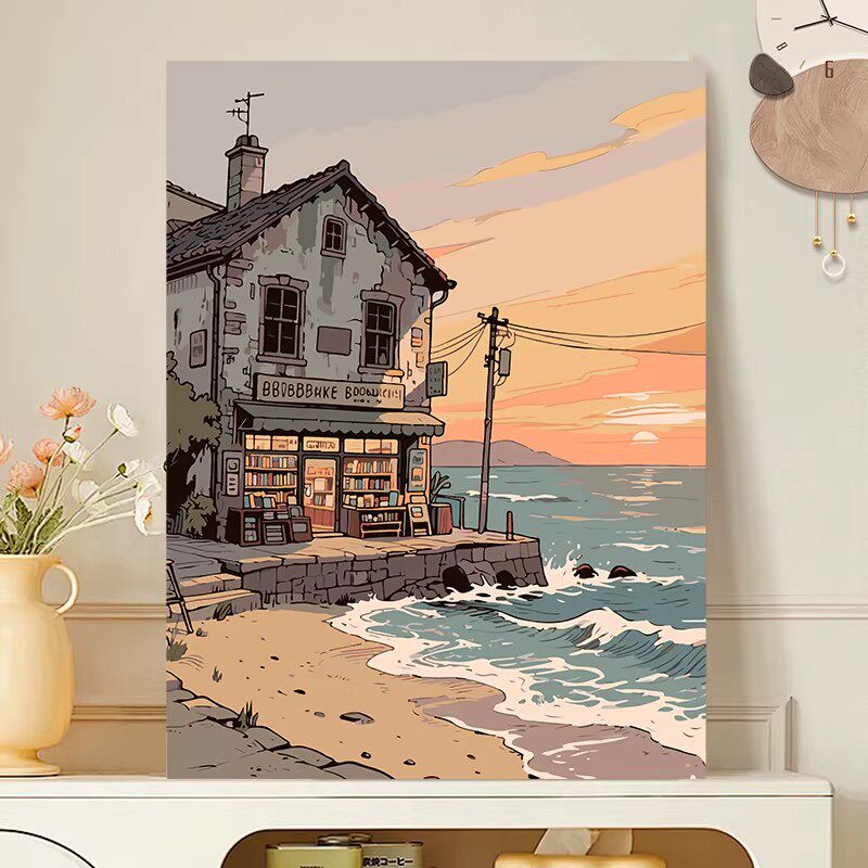 海边书店卡通建筑装饰画仿油画风景成品唯美小清新卧室客厅摆挂画