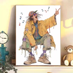 美式 饰画成品仿油画人物趣味卡通设计卧室客厅挂画 嘻哈街头女孩装