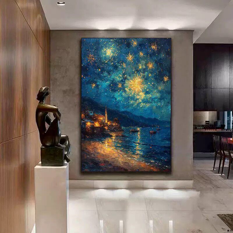 莫奈世界名画星空日出大海装饰画唯美仿油画高级感卧室客厅摆挂画