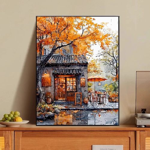 秋天枫叶中式小巷装饰画仿油画风景成品治愈新中式卧室客厅摆挂画