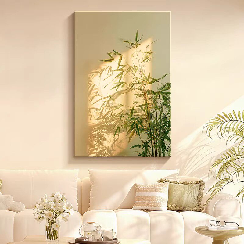 原木奶油风客厅装饰画光影竹子高级感沙发背景墙挂画植物玄关壁画