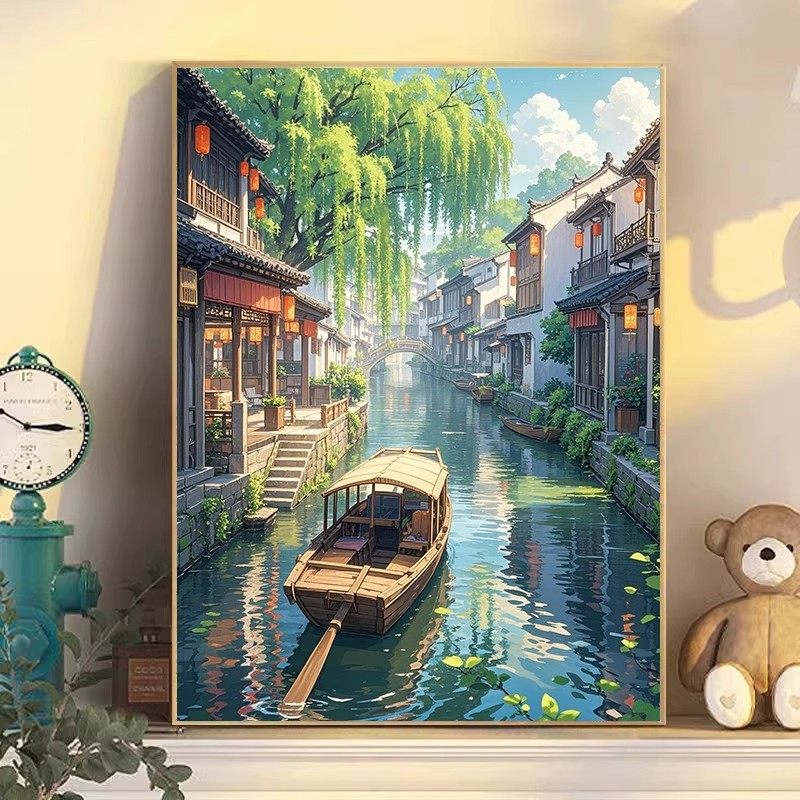江南水乡新中式卡通装饰画成品仿油画风景国风唯美卧室客厅摆挂画,家居饰品,现代装饰画,淘宝优惠券,粉丝福利购,淘宝优惠卷