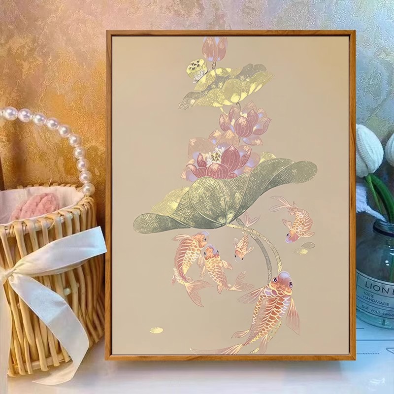 招财荷花装饰画成品仿油画植物花卉中国风清新高级感卧室客厅挂画图片